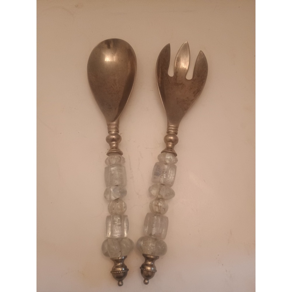 Vintage Rare Set of Beaded Metal Salad Servers Made In India Set of 2 11.5"